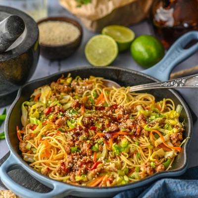 Wok dish of young cabbage and minced meat with egg noodles